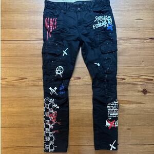 Decibel Smoke Rise black distressed splatter paint slim denim jeans SIZE 38x32
